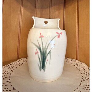 Vintage Artist Signed White Pottery Wall Pocket Holder Floral Pink Green Kitchen